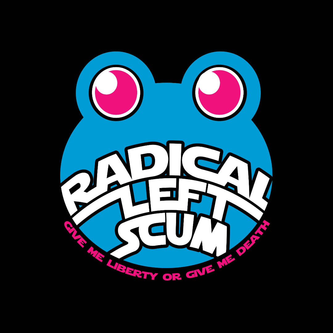Logo with blue circle, pink eyes, and text 'RADICAL LEFT SCUM' on a black background