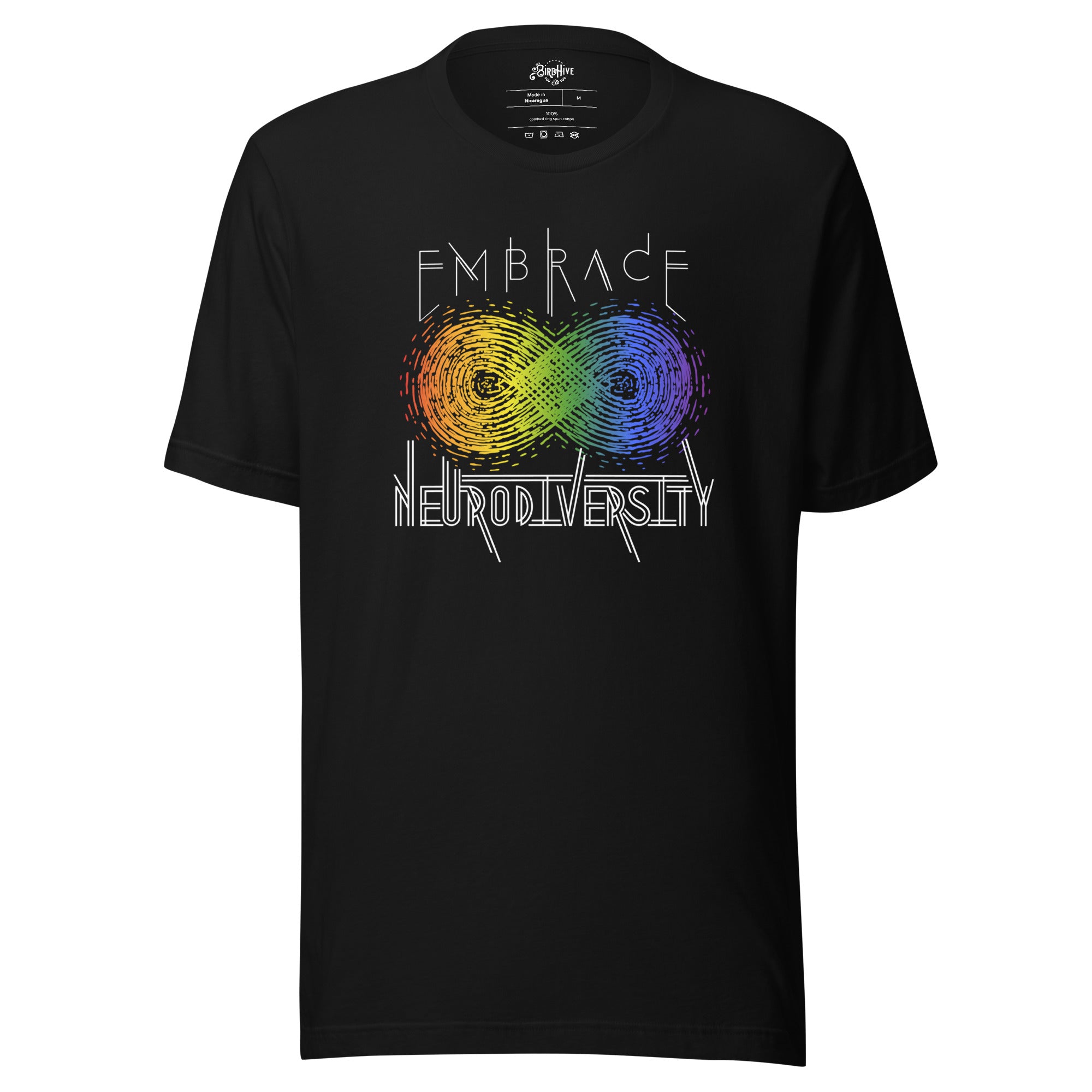 Black t-shirt with a rainbow infinity symbol and 'Embrace Neurodiversity' text on a white background