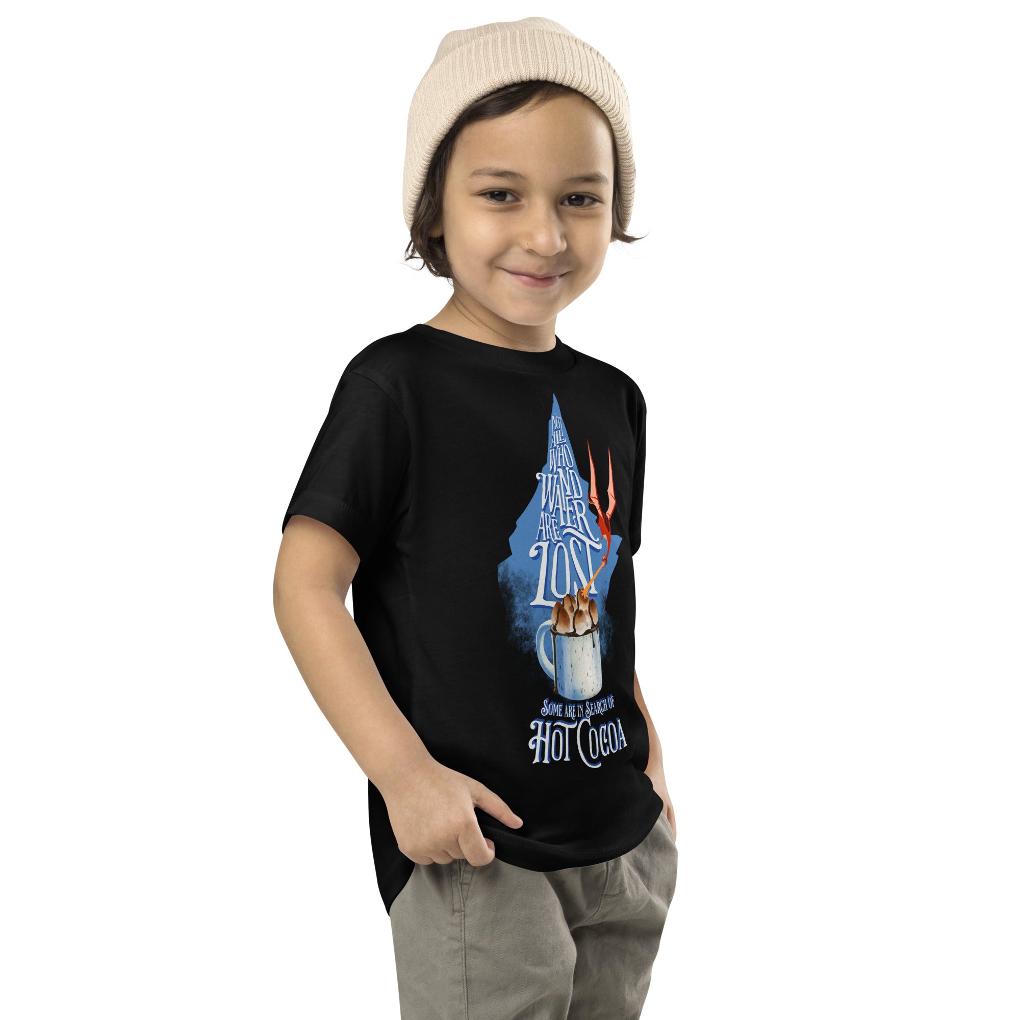 Toddler: “Not All Who Wander Are Lost. Some Are In Search Of Hot Cocoa” Short Sleeve Tee