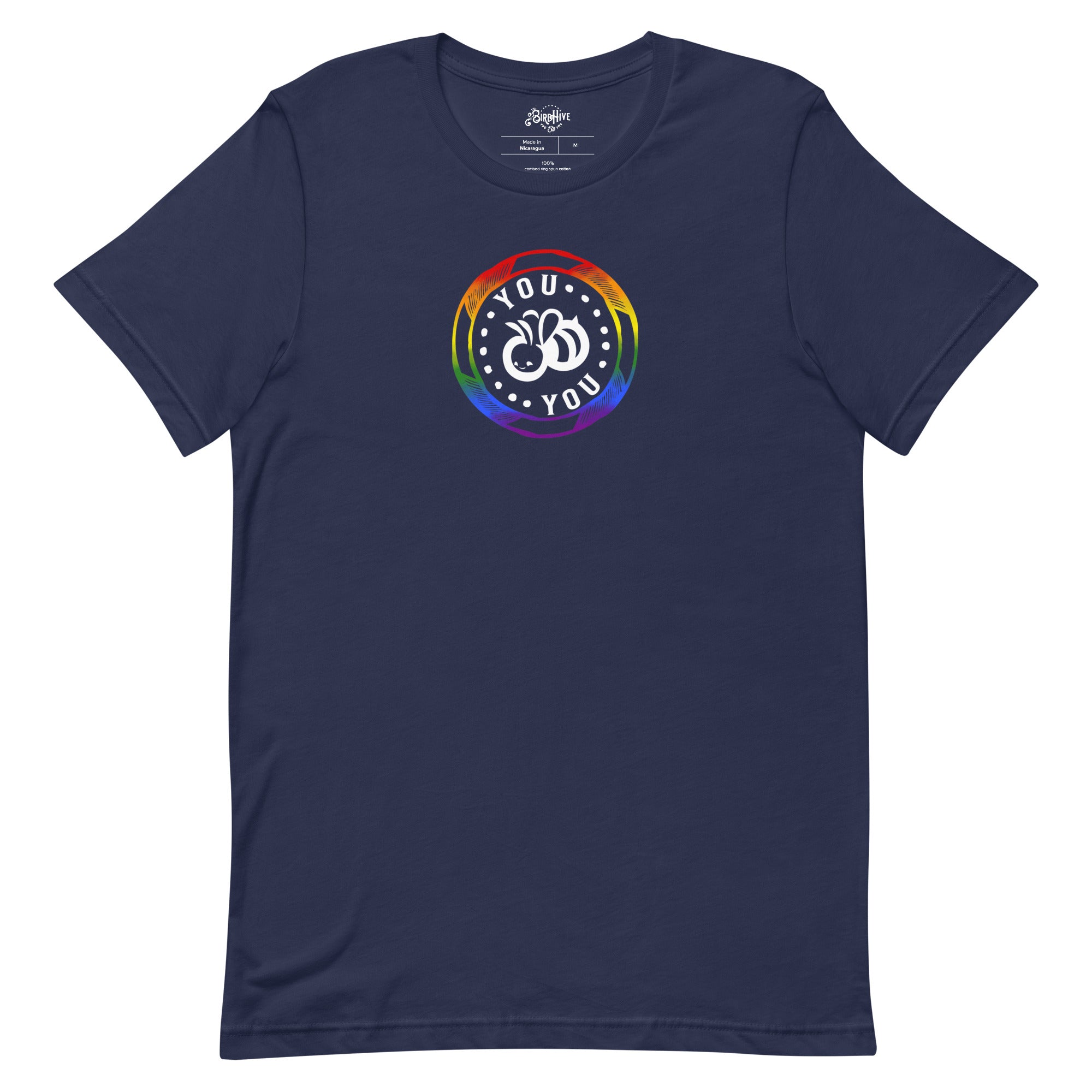 Black crew neck t-shirt with 'YOU BEE YOU' text in a pride flag color circle design on the front.