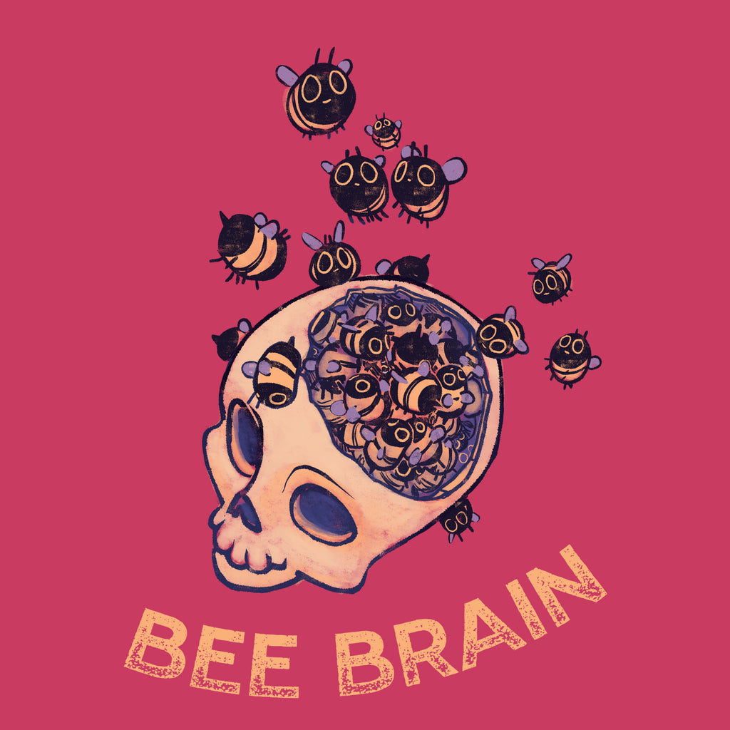 Bees buzzing in a yellow skull on pink background