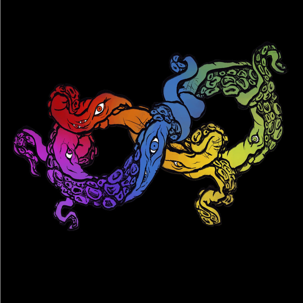 Rainbow Neurodiversity infinity symbol made of Cosmic horror tentacles and eyes on black