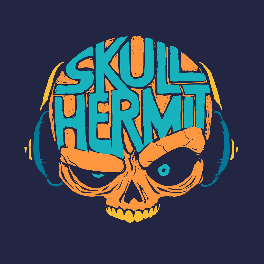 Orange Skull wearing headphones with "Skull Hermit" carved into the forhead