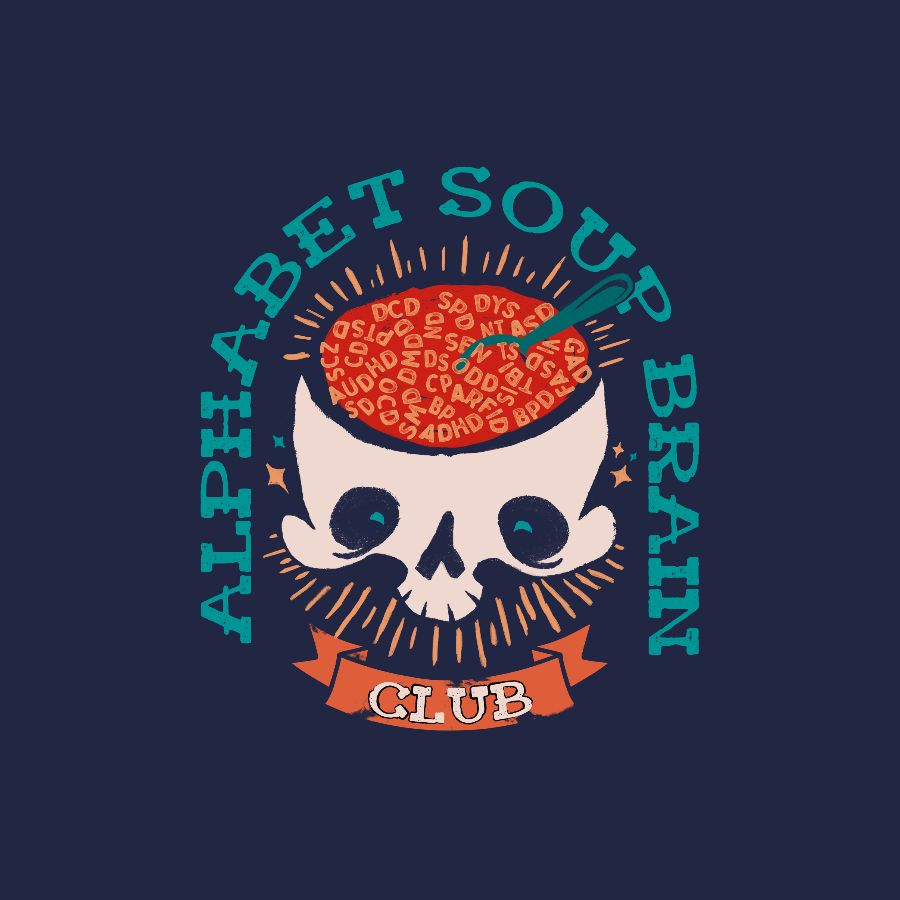 A circular graphic design on a dark navy background, featuring a white skull with a red-orange brain for a head, surrounded by teal text reading 'ALPHABET SOUP BRAIN CLUB' and an orange banner reading 'CLUB'.