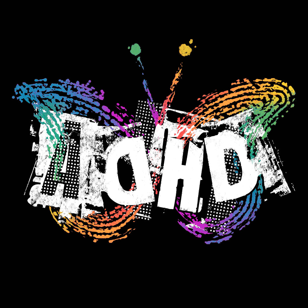 Colorful abstract design of a rainbow butterfly with the word 'ADHD' on a black background