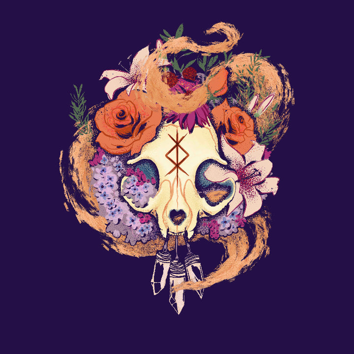 Decorative design with a skull, flowers, and symbols on a dark background