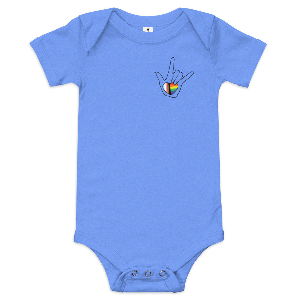 Baby: ASL "I Love You- LBGTQ" on light short sleeve one piece