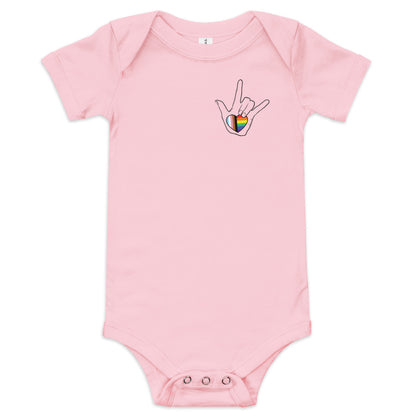 Baby: ASL "I Love You- LBGTQ" on light short sleeve one piece