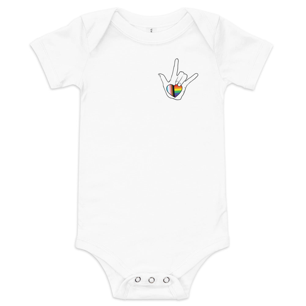 Baby: ASL "I Love You- LBGTQ" on light short sleeve one piece