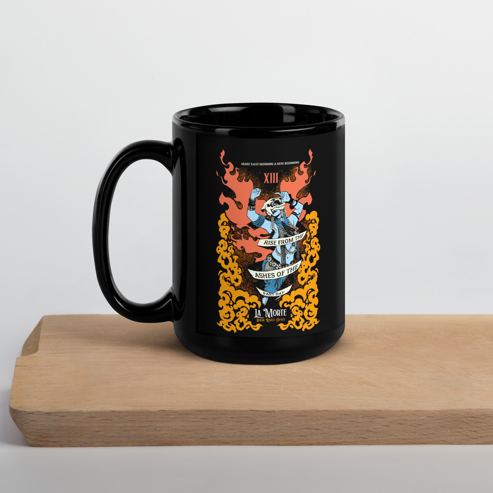 "La Morte, Dark Roast Tarot Coffee" Black Glossy Mug