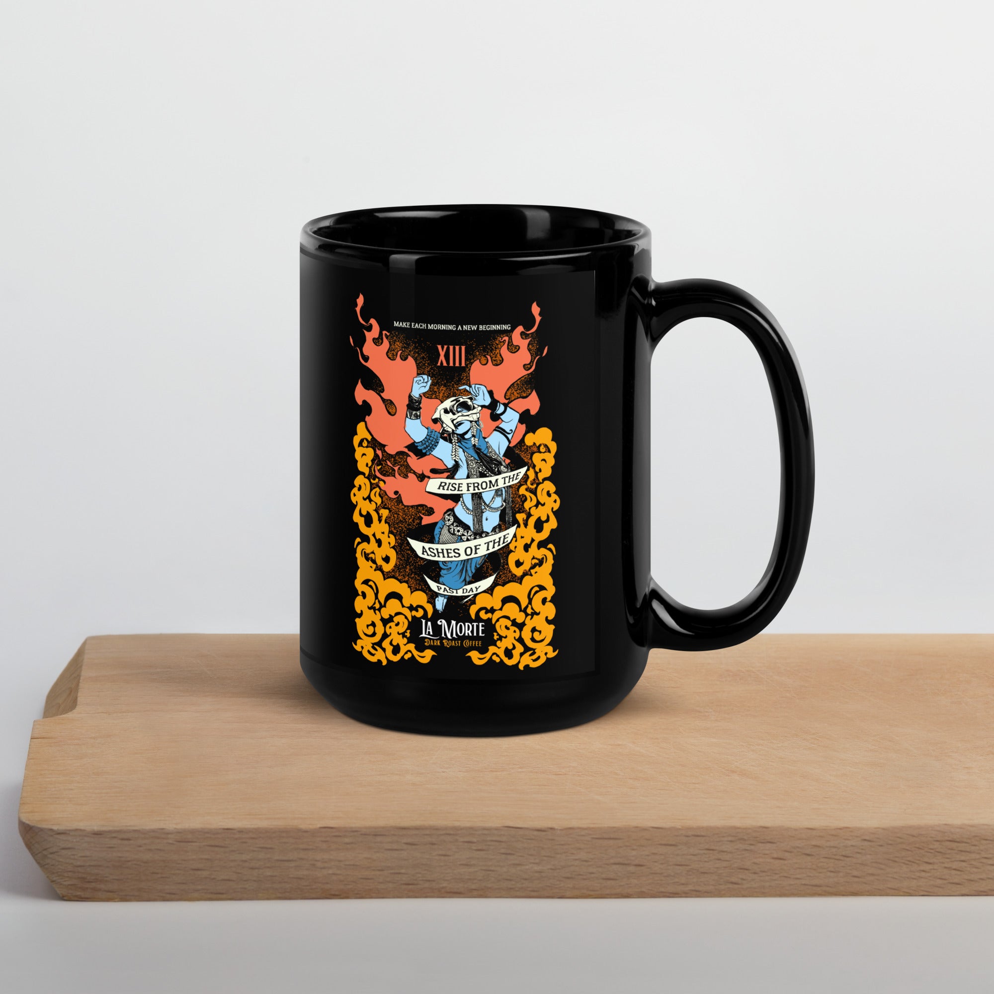 "La Morte, Dark Roast Tarot Coffee" Black Glossy Mug