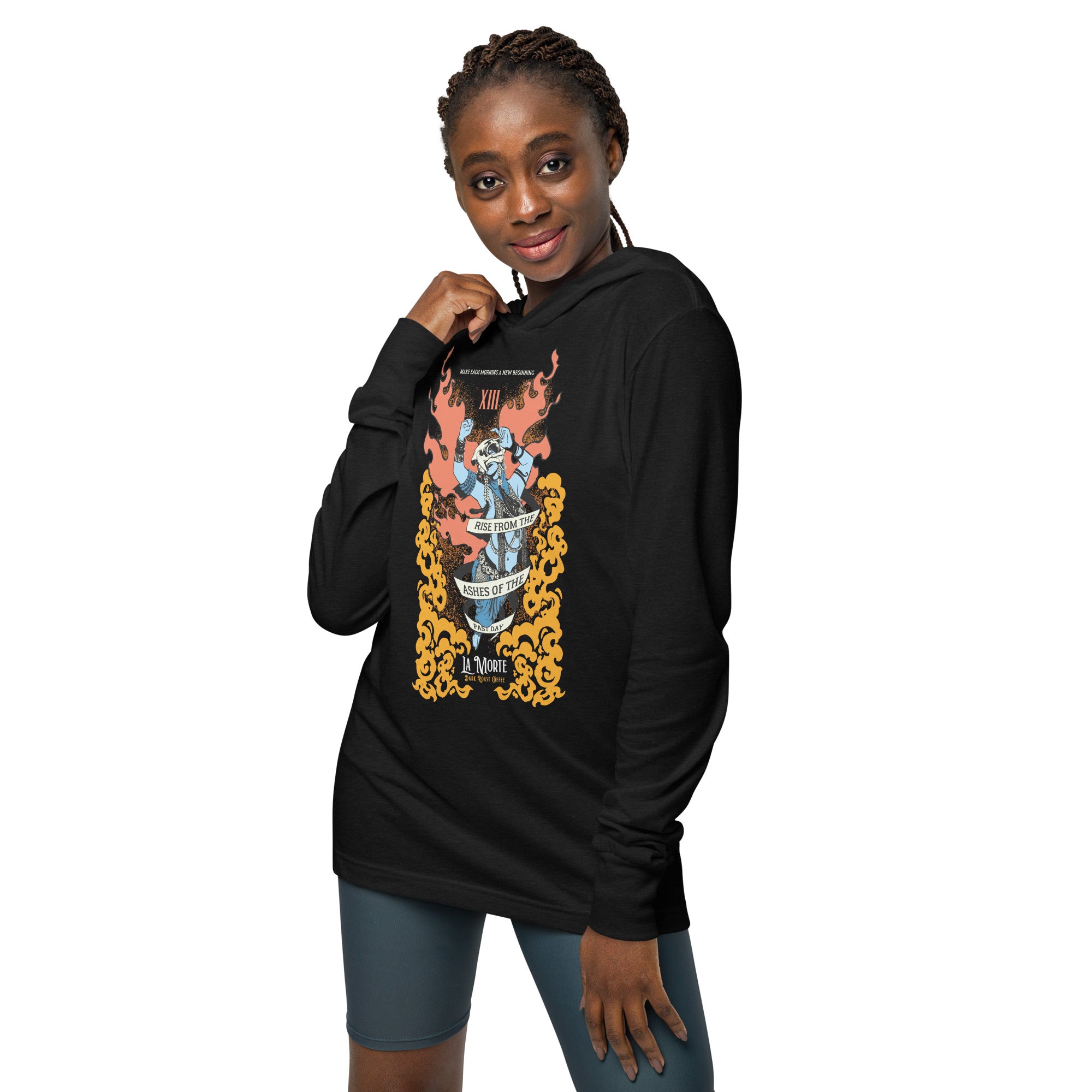 "La Morte, Dark Roast Tarot Coffee" Hooded long-sleeve tee