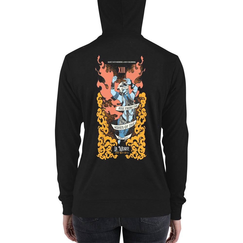 "La Morte, Dark Roast Tarot Coffee" Unisex zip hoodie