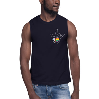 ASL "I Love You- LBGTQ" on dark sleeveless Shirt