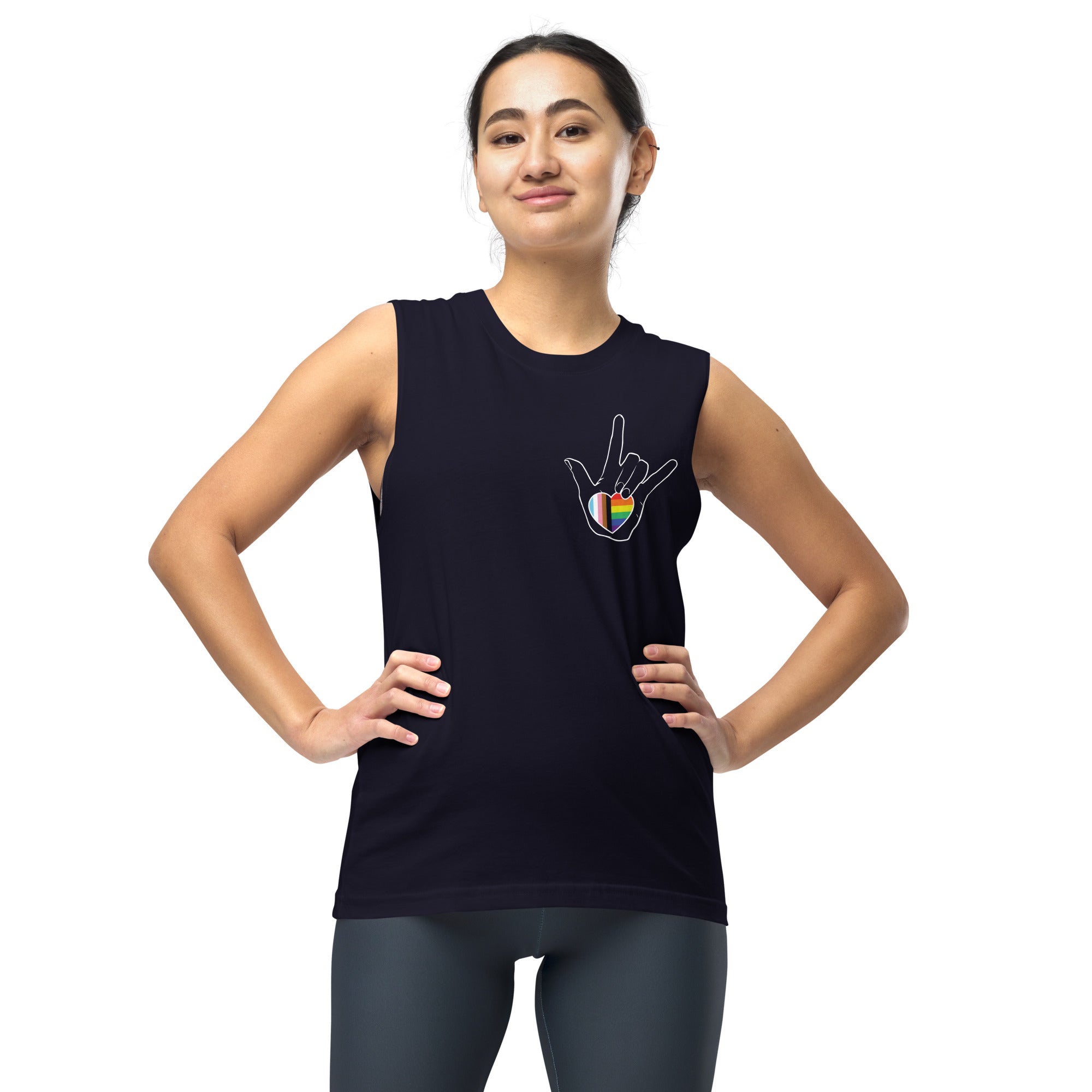 ASL "I Love You- LBGTQ" on dark sleeveless Shirt