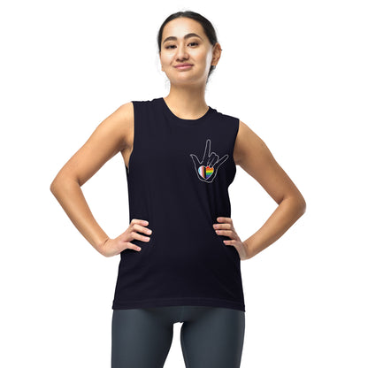 ASL "I Love You- LBGTQ" on dark sleeveless Shirt