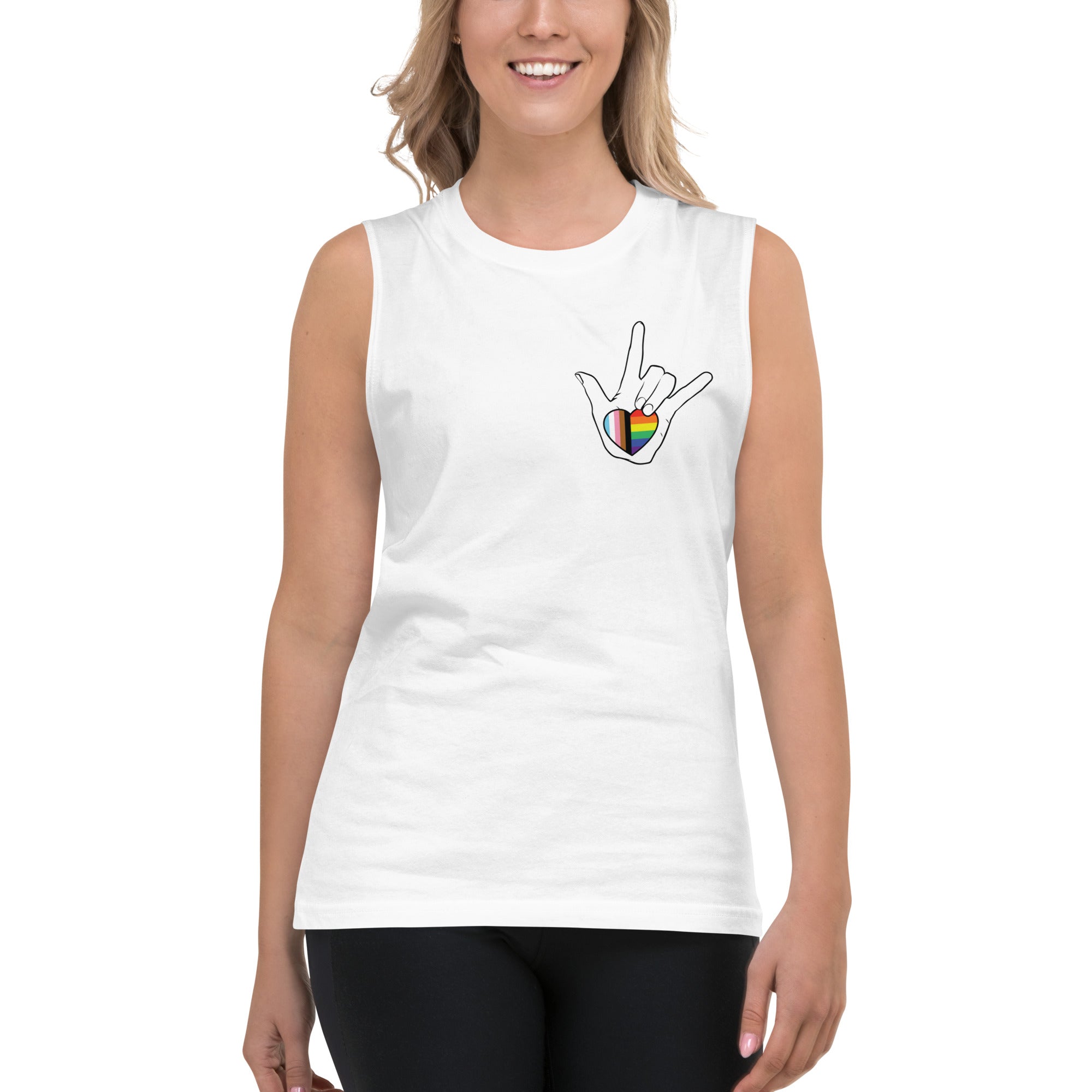 ASL "I Love You- LBGTQ" on white sleeveless Shirt