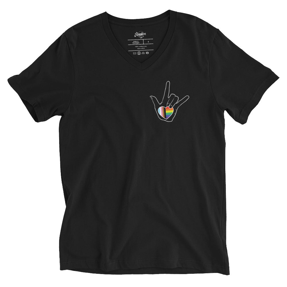 ASL "I Love You- LBGTQ" on black Unisex Short Sleeve V-Neck T-Shirt