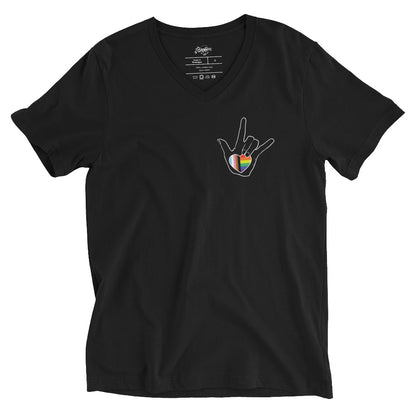 ASL "I Love You- LBGTQ" on black Unisex Short Sleeve V-Neck T-Shirt