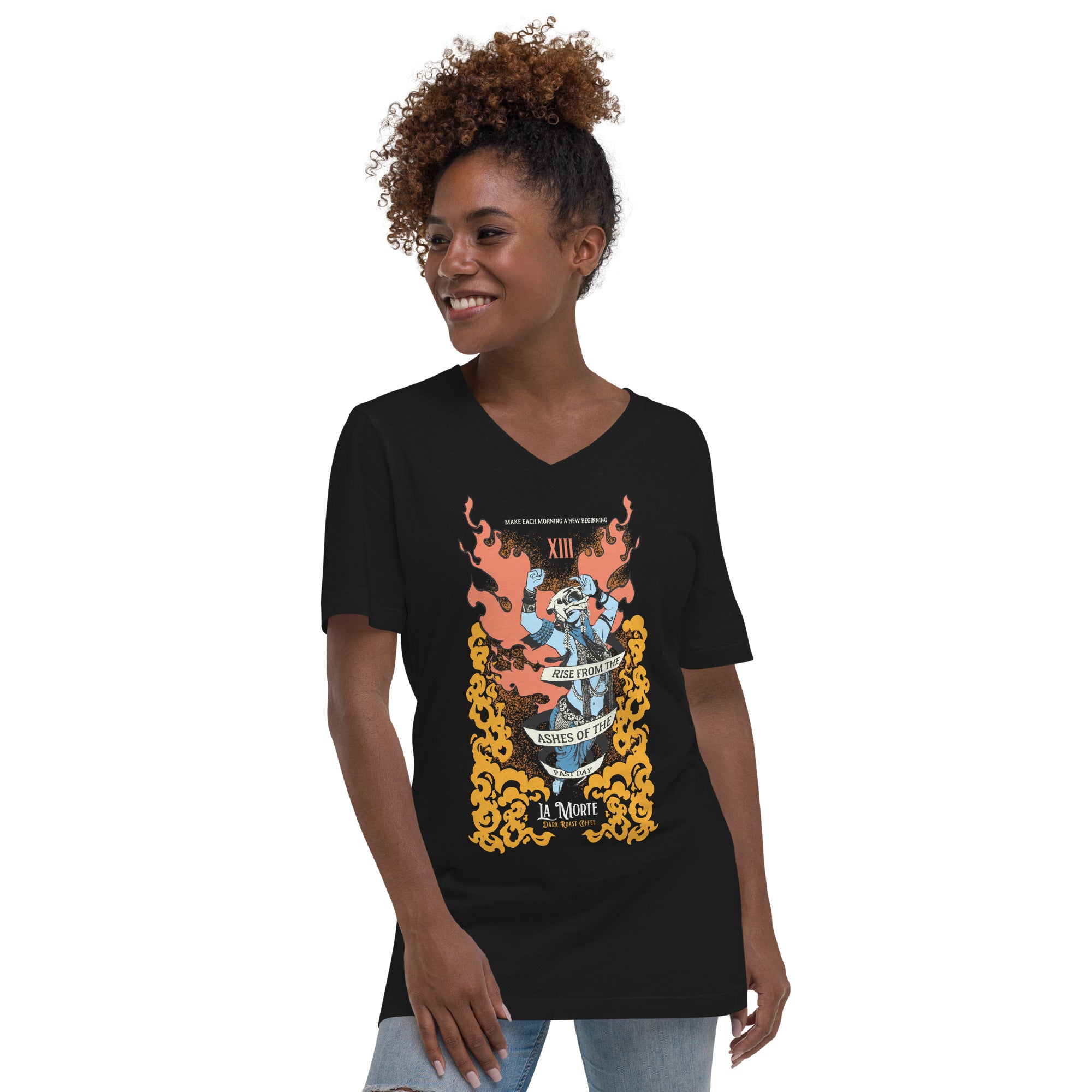 "La Morte, Dark Roast Tarot Coffee" Unisex Short Sleeve V-Neck T-Shirt