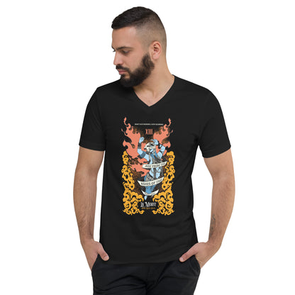 "La Morte, Dark Roast Tarot Coffee" Unisex Short Sleeve V-Neck T-Shirt