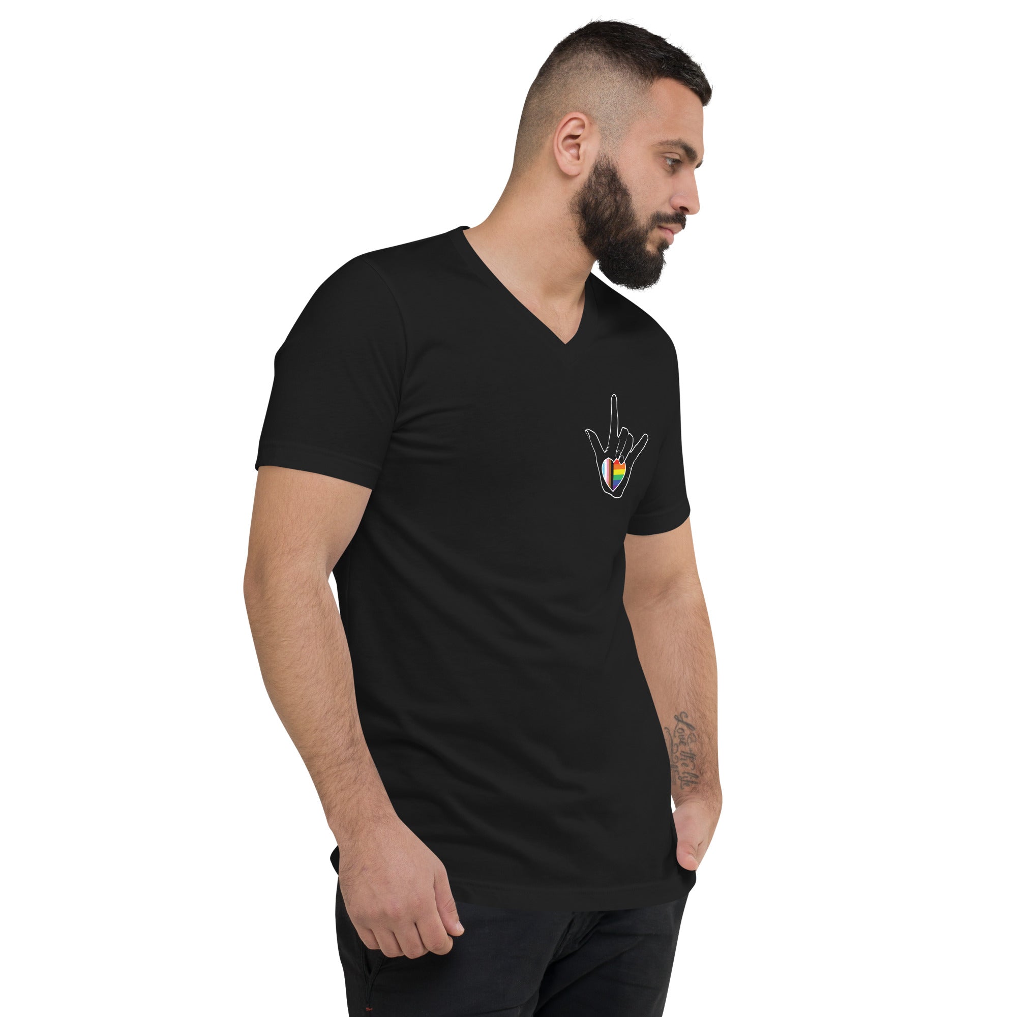 ASL "I Love You- LBGTQ" on black Unisex Short Sleeve V-Neck T-Shirt