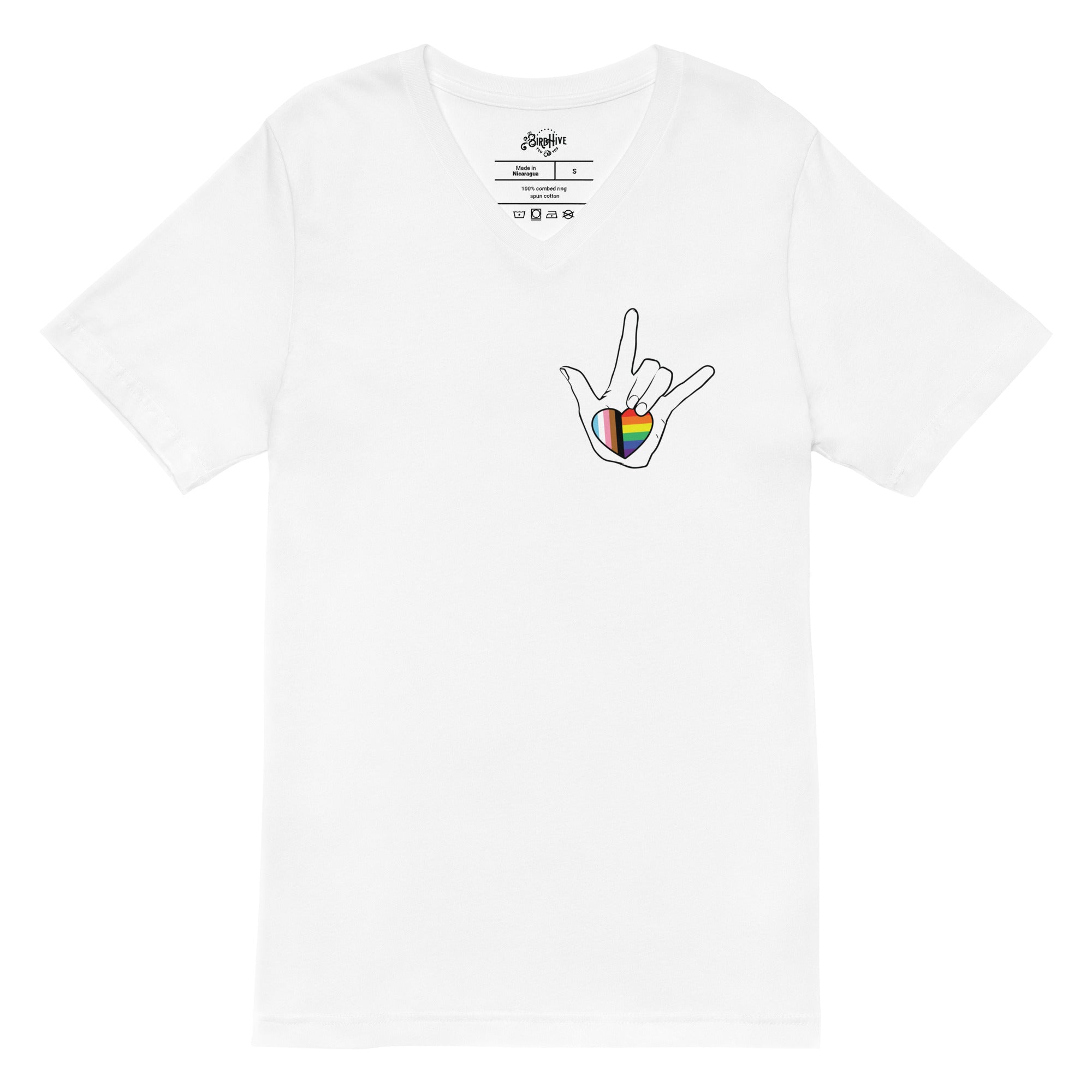 ASL "I Love You- LBGTQ" on white Unisex Short Sleeve V-Neck T-Shirt