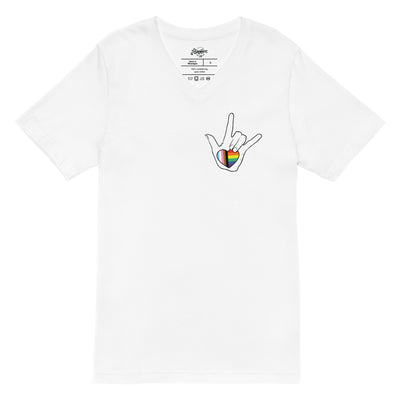 ASL "I Love You- LBGTQ" on white Unisex Short Sleeve V-Neck T-Shirt