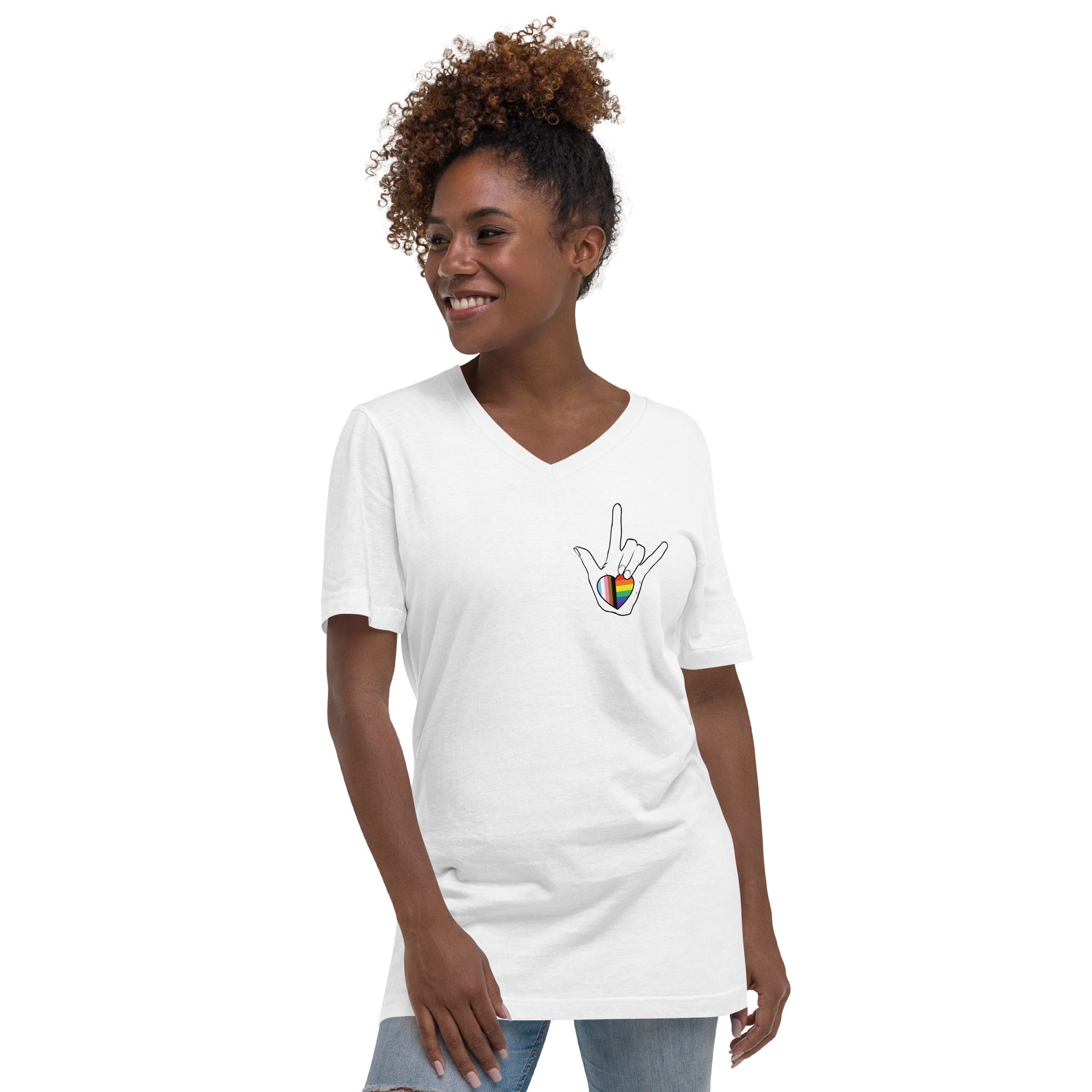 ASL "I Love You- LBGTQ" on white Unisex Short Sleeve V-Neck T-Shirt