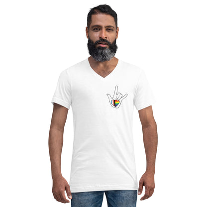 ASL "I Love You- LBGTQ" on white Unisex Short Sleeve V-Neck T-Shirt