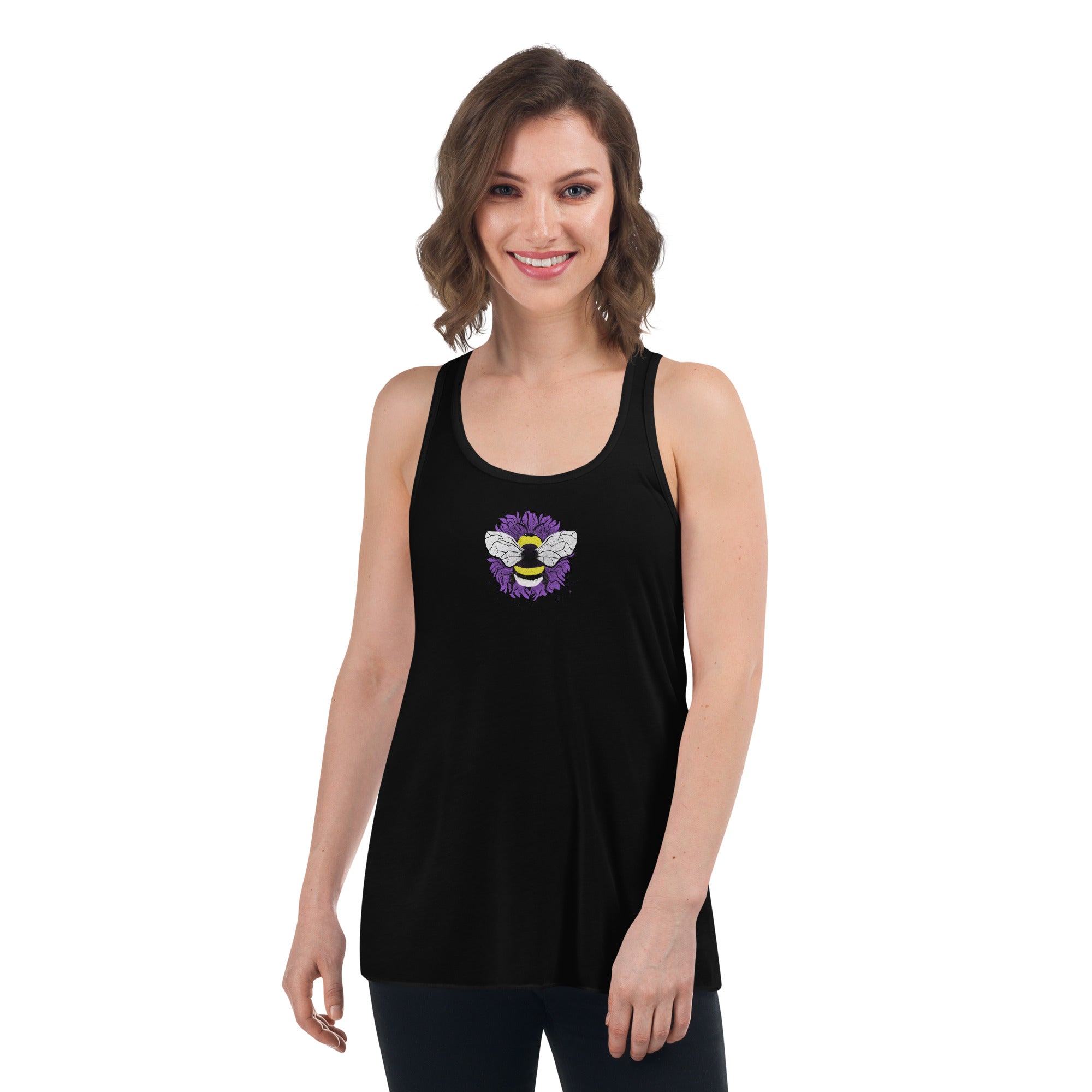 "EnBEE" in pride colors on black fem Flowy Racerback Tank