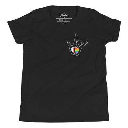 Youth: ASL "I Love You- LBGTQ" on black Short Sleeve T-Shirt