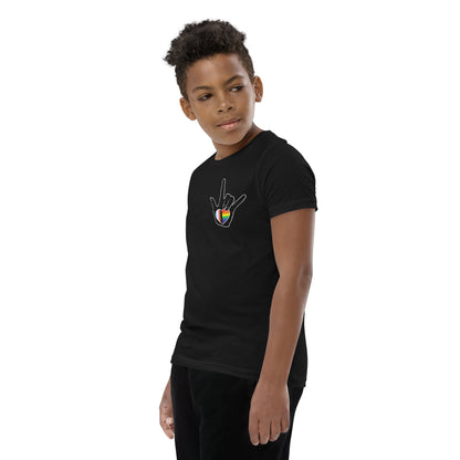 Youth: ASL "I Love You- LBGTQ" on black Short Sleeve T-Shirt