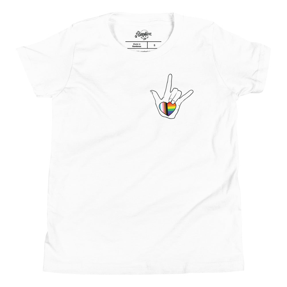 Youth: ASL "I Love You- LBGTQ" on white Short Sleeve T-Shirt