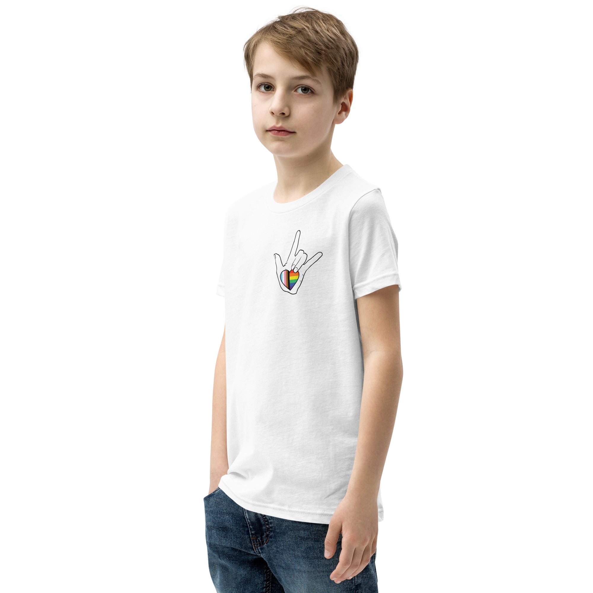 Youth: ASL "I Love You- LBGTQ" on white Short Sleeve T-Shirt