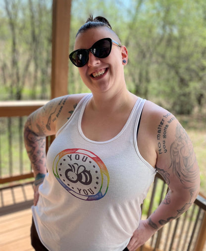 You "Bee" You Pride Flag Colors Fem Fit Flowy Racerback Tank IN WHITE