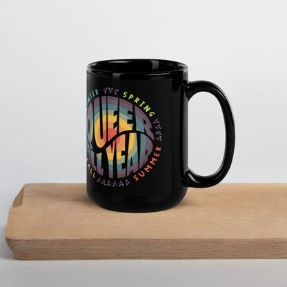 “Queer All Year” Black Glossy Mug