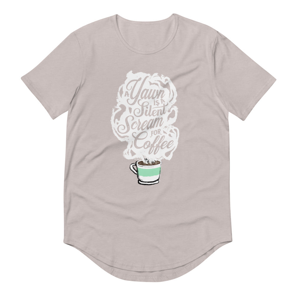 Grey masc fit curved hem Tee with White coffee cup with green stripe filled with hot coffee that is releasing white steam. "A Yawn is a Silent Scream for Coffee" written in the steam. 
