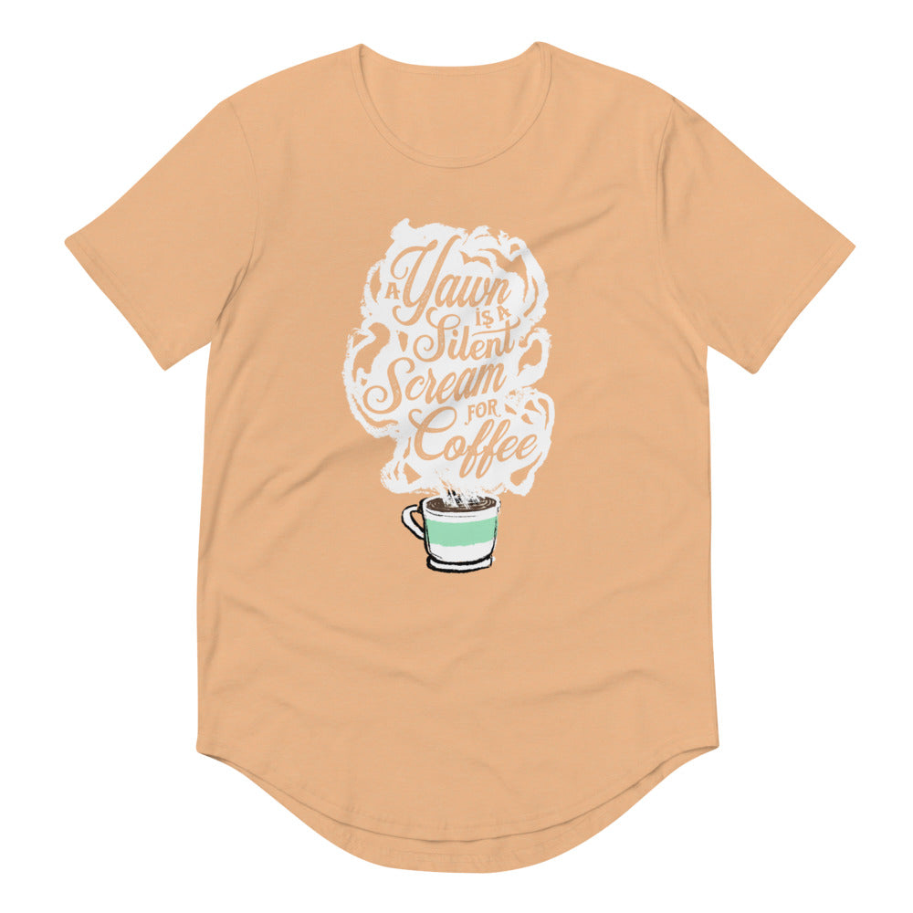 Peach masc fit curved hem Tee with White coffee cup with green stripe filled with hot coffee that is releasing white steam. "A Yawn is a Silent Scream for Coffee" written in the steam. 