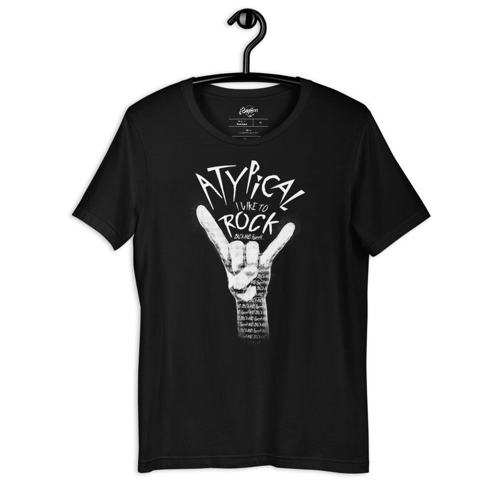 Black unisex fit tee with design “Atypical, I like to ROCK” in smaller font “back and forth”. Painting of a white hand making the ROCK symbol. Inside the shading of the hand words continue saying “back and forth and back and forth and back and forth…” repeated.
