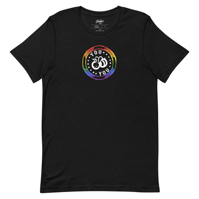 Black t-shirt with a colorful graphic design on a white background