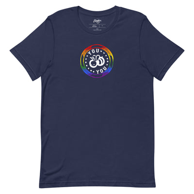Black crew neck t-shirt with 'YOU BEE YOU' text in a pride flag color circle design on the front.