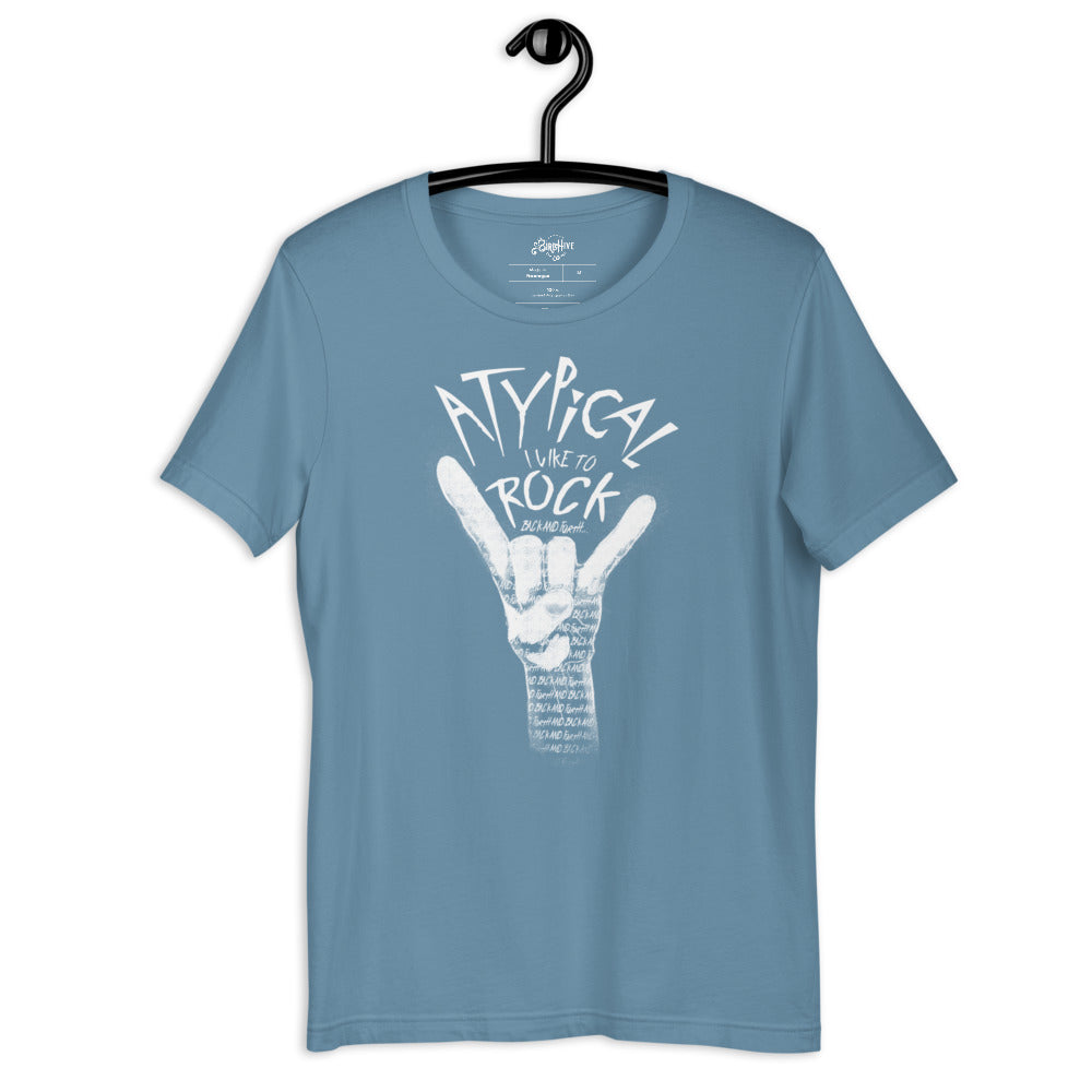 Steel Blue (light blue) unisex fit tee with design “Atypical, I like to ROCK” in smaller font “back and forth”. Painting of a white hand making the ROCK symbol. Inside the shading of the hand words continue saying “back and forth and back and forth and back and forth…” repeated.