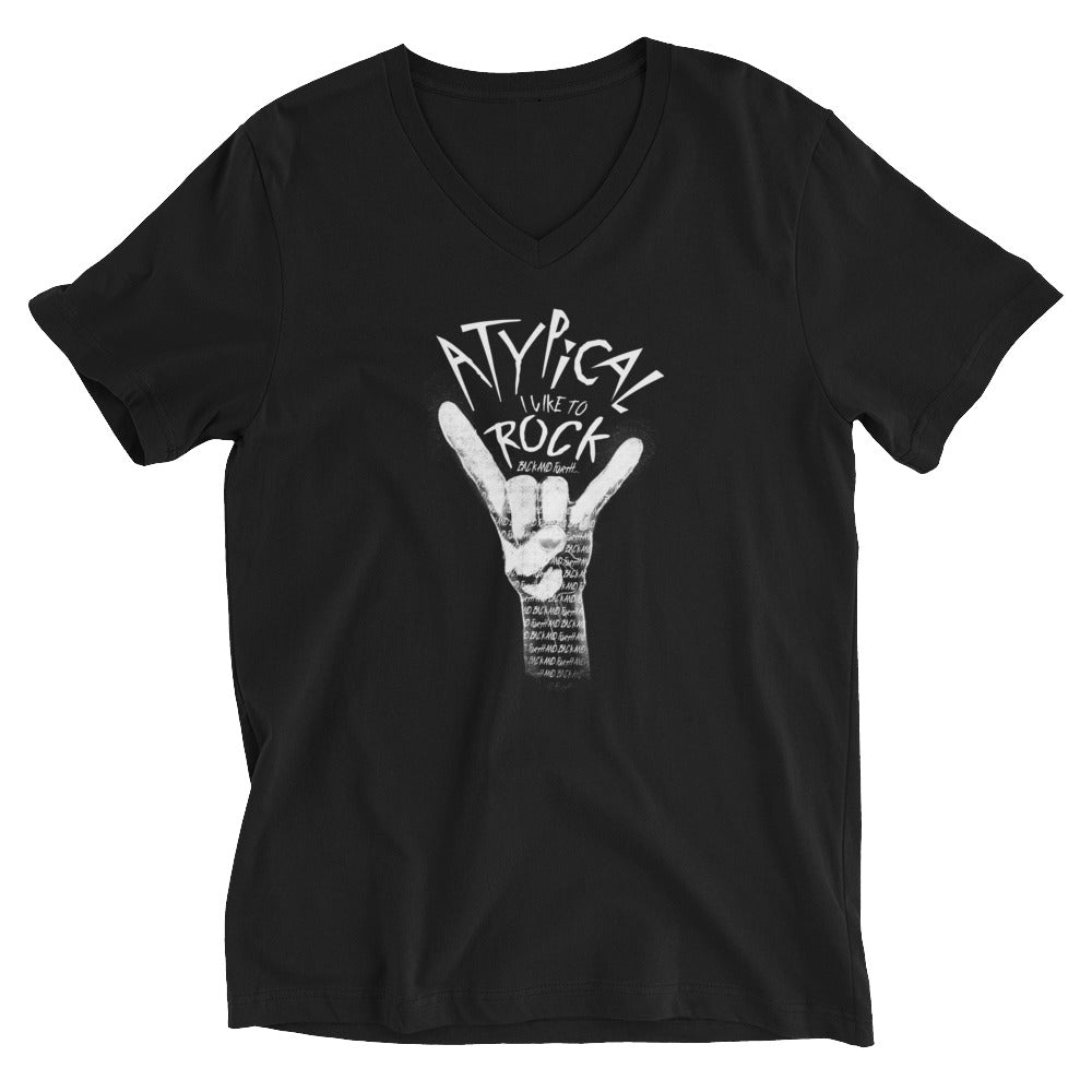 Black unisex fit V-Neck tee with design “Atypical, I like to ROCK” in smaller font “back and forth”. Painting of a white hand making the ROCK symbol. Inside the shading of the hand words continue saying “back and forth and back and forth and back and forth…” repeated.