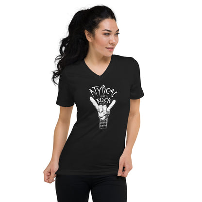 Model of white woman with wavy dark hair and slender build wearing the black unisex fit V-Neck which has a more curve hugging fit. The design is “Atypical, I like to ROCK” in smaller font “back and forth”. Painting of a white hand making the ROCK symbol. Inside the shading of the hand words continue saying “back and forth and back and forth and back and forth…” repeated.