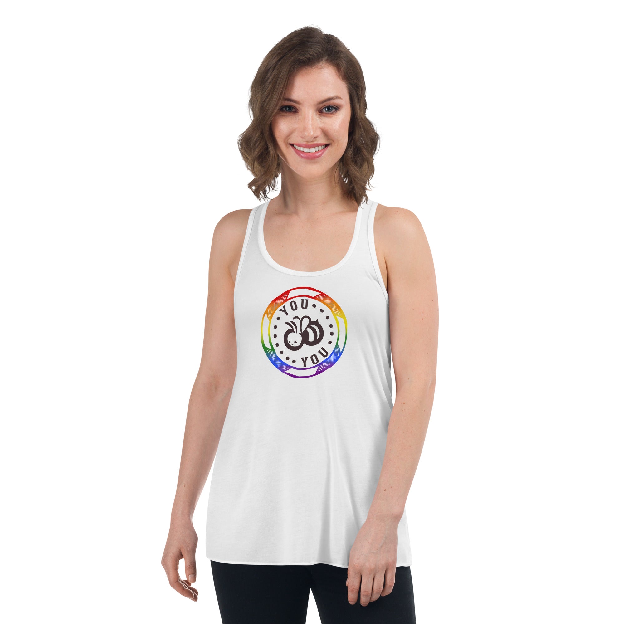 You "Bee" You Pride Flag Colors Fem Fit Flowy Racerback Tank IN WHITE